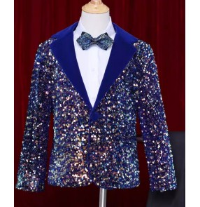 Boys royal blue sequins jazz dance blazers host singer choir pianist stage performance coats wedding birthday party flower boys formal dress suit for baby